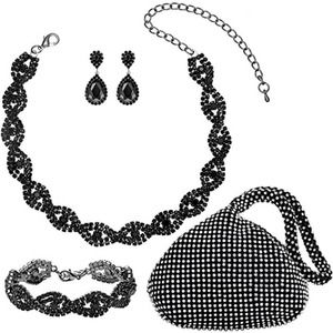 #48 Black Rhinestone Necklace Bracelet Earrings Handbag Crystal Necklace Set